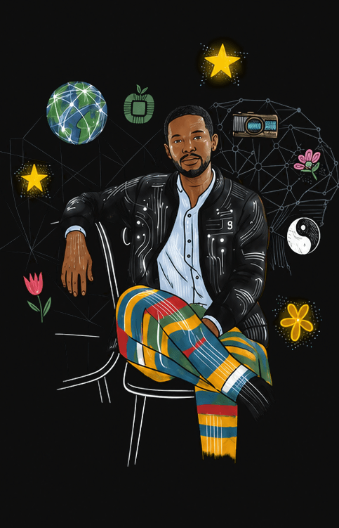 Illustrated portrait of Dayo Kelani surrounded by floating objects