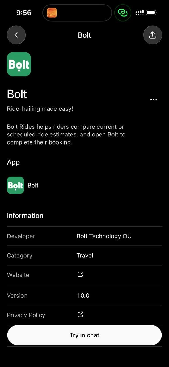 The Bolt listing inside ChatGPT's app directory, showing developer, category, version, and a Try in chat button