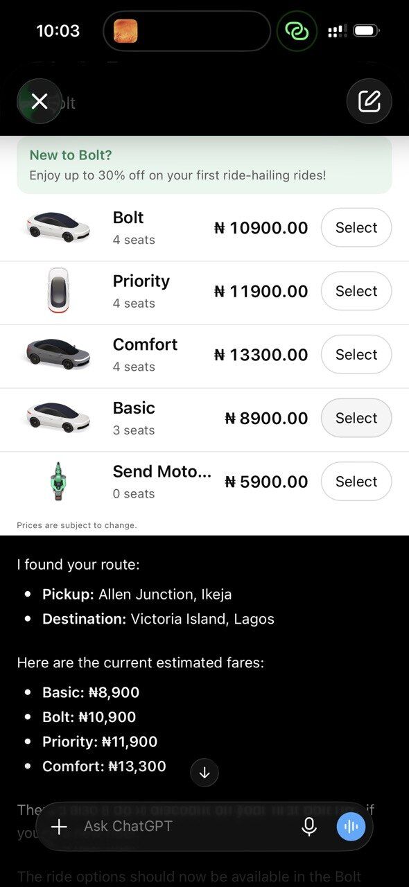 ChatGPT returning live Bolt fares for a Lagos route, from Allen Junction in Ikeja to Victoria Island