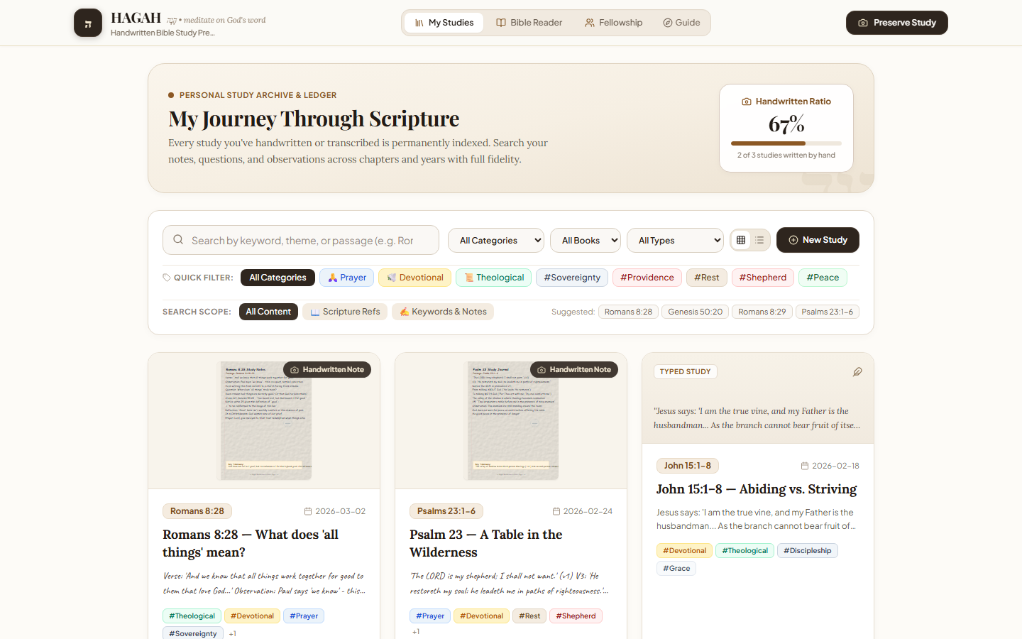 My Studies: the personal archive, searchable by keyword, category, book, and type