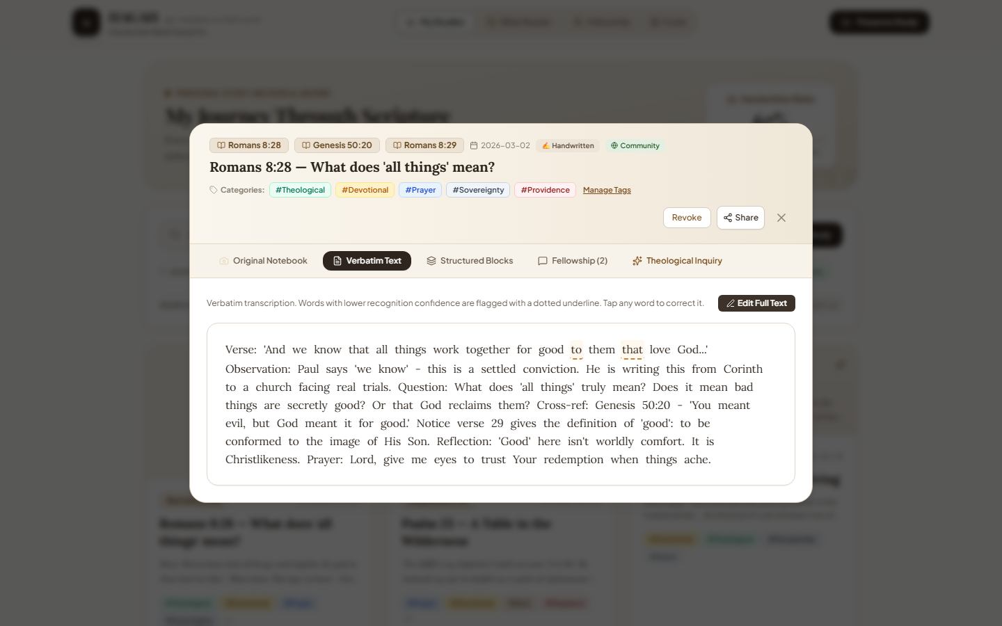 Verbatim Text: the OCR transcription, with low-confidence words flagged for review