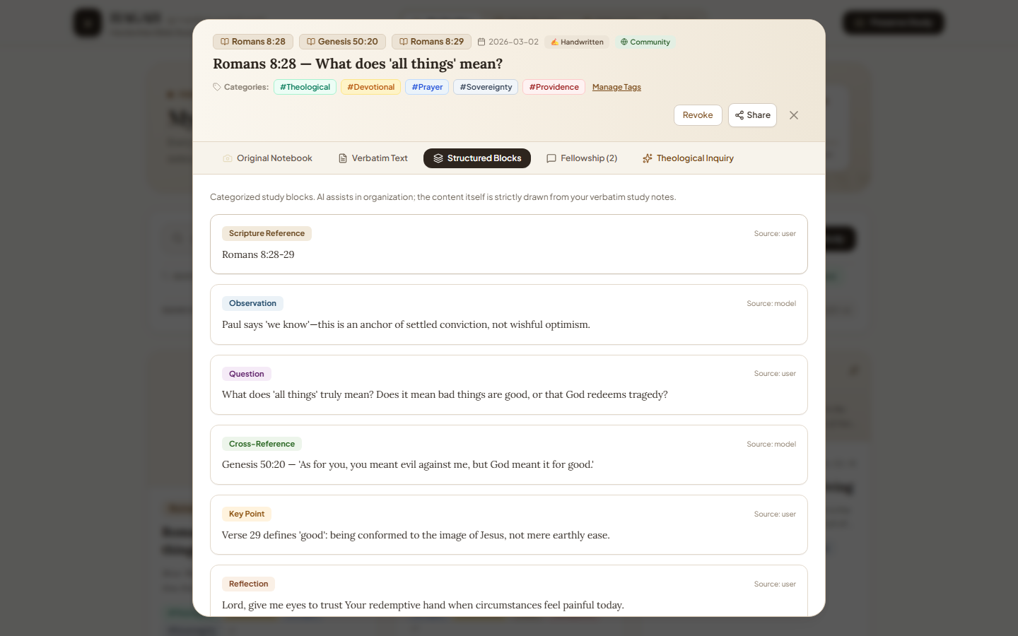 Structured Blocks: the same note parsed into typed, sourced study blocks