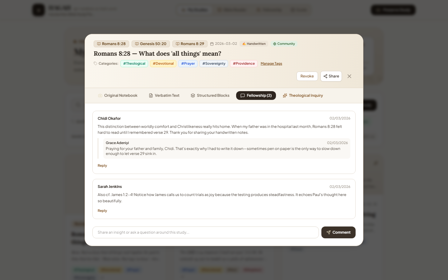 Fellowship on a study: threaded discussion anchored to the note itself