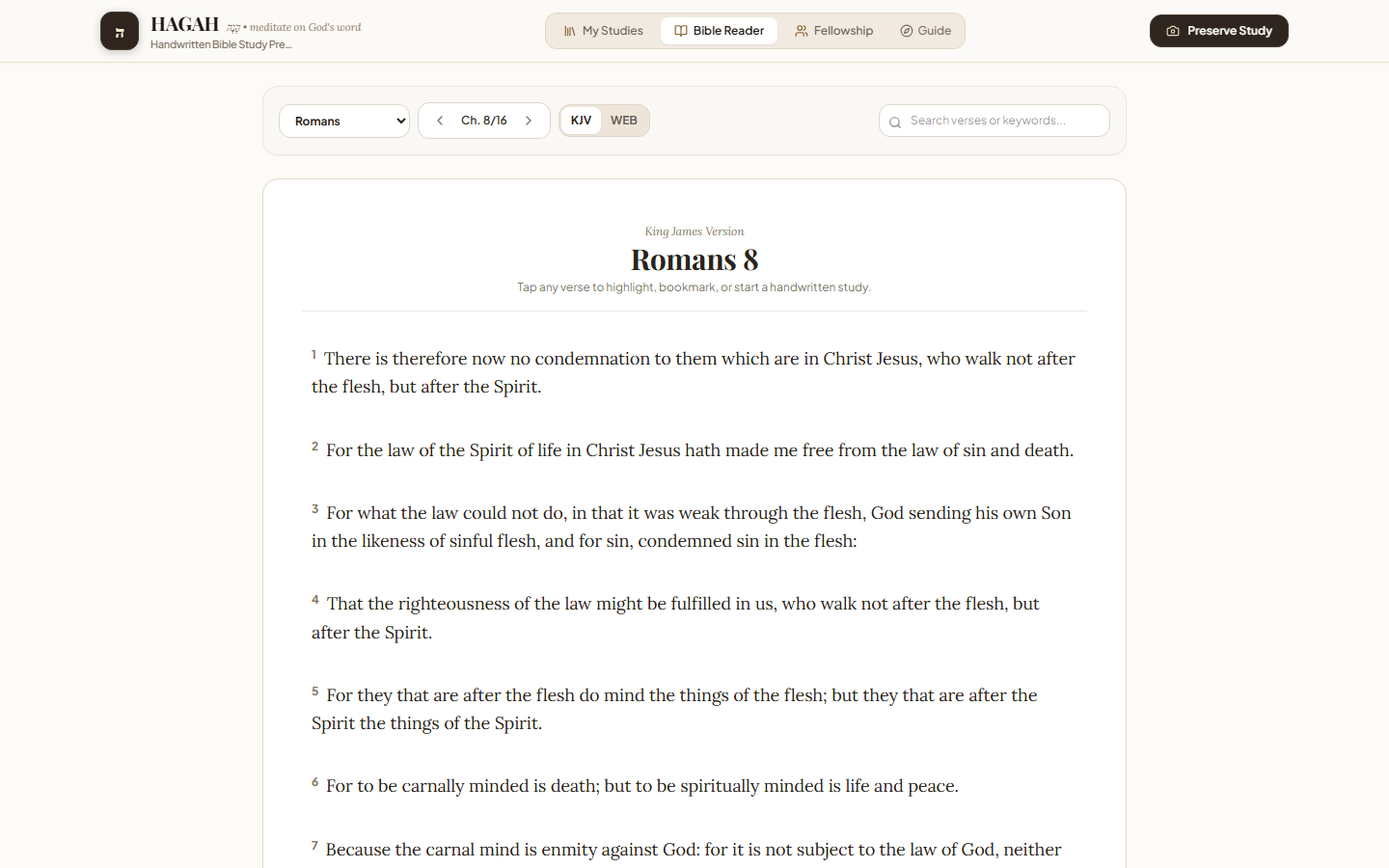 Bible Reader: KJV and WEB, tap any verse to highlight, bookmark, or start a study