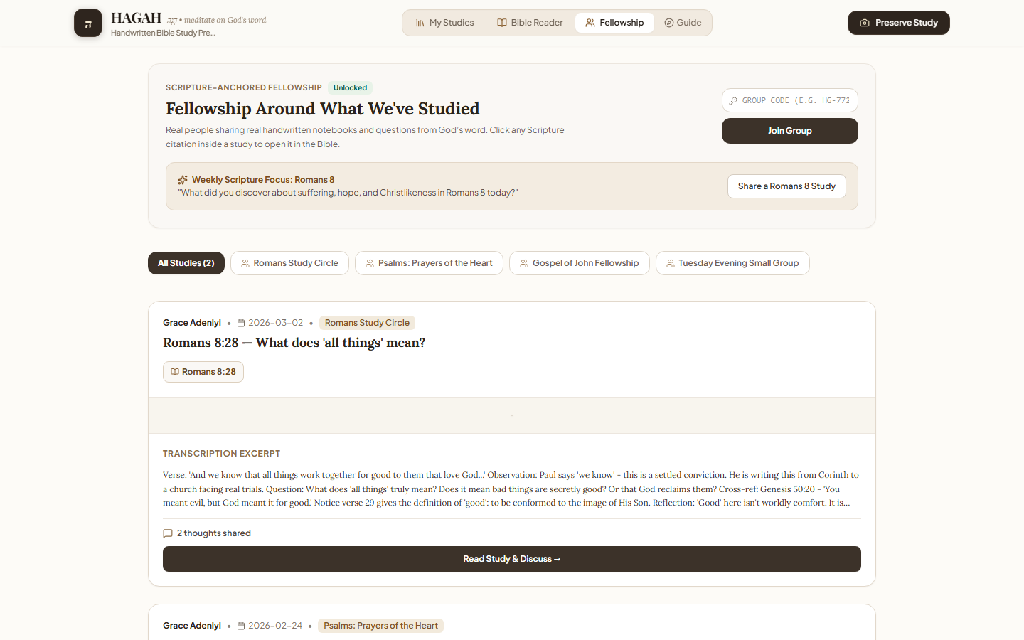Fellowship: Scripture-anchored community, unlocked after a first study is preserved
