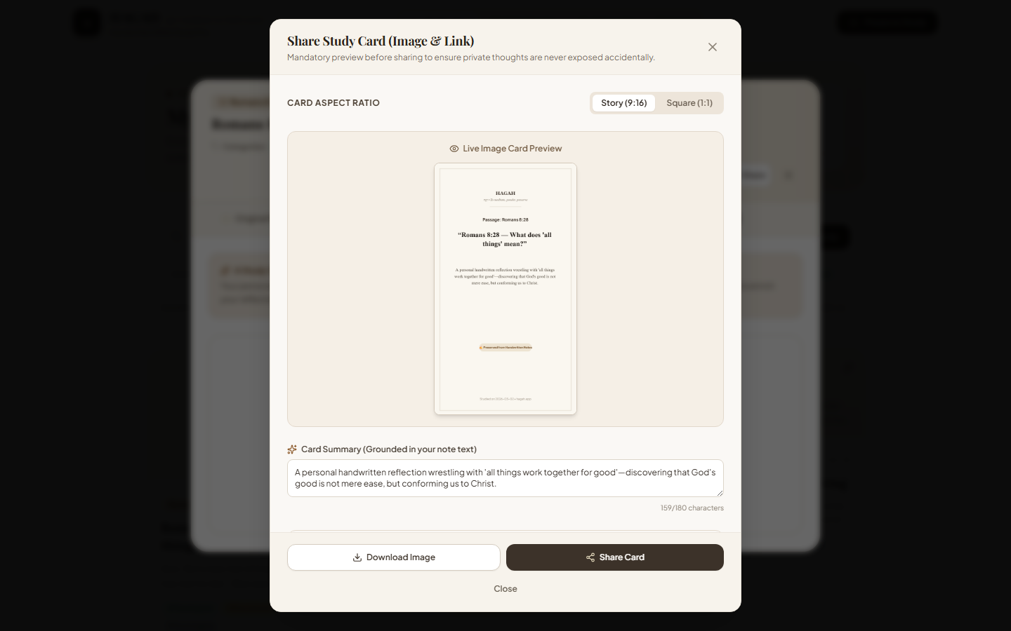 Share Study Card: a generated image, with a mandatory preview before anything is shared